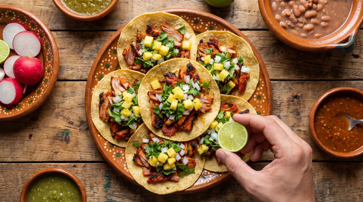 Tacos al pastor servidos con piña, cilantro y limón